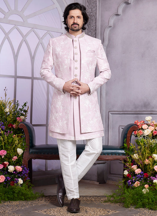Readymade Art Silk Onion Pink Kurta with Jacket and Thread Work for Wedding Wear