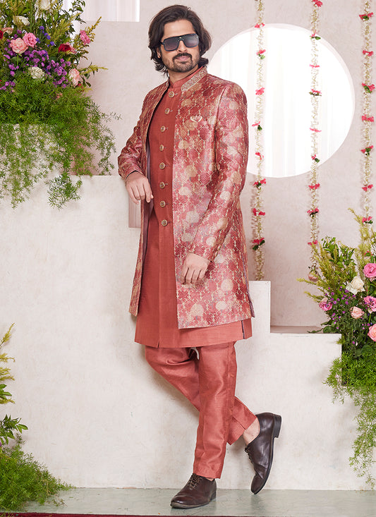 Readymade Digital Print Silk Rust Sherwani with Jacket and Embroidery Work for Party Wear