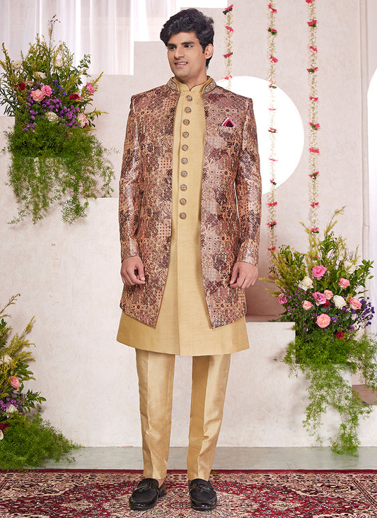 Readymade Digital Print Silk Cream Sherwani with Jacket and Embroidery Work for Party Wear
