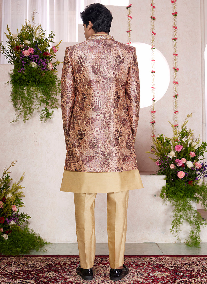 Readymade Digital Print Silk Cream Sherwani with Jacket and Embroidery Work for Party Wear