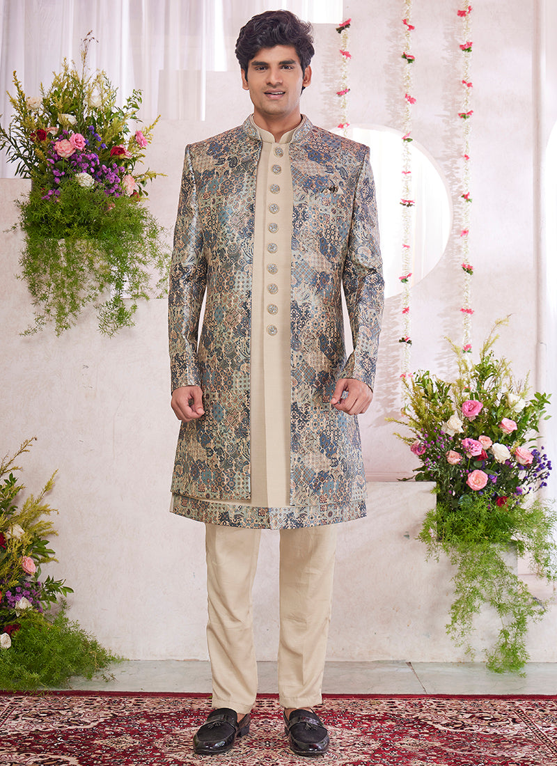 Readymade Digital Print Silk Beige Sherwani with Jacket and Embroidery Work for Party Wear
