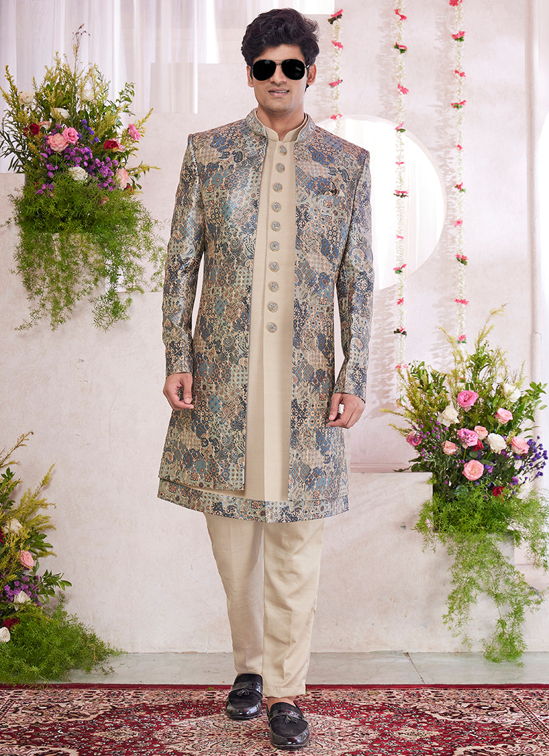 Readymade Digital Print Silk Beige Sherwani with Jacket and Embroidery Work for Party Wear