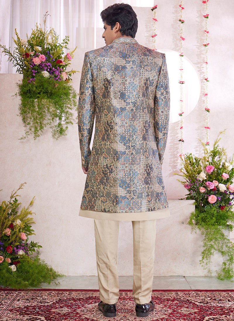 Readymade Digital Print Silk Beige Sherwani with Jacket and Embroidery Work for Party Wear