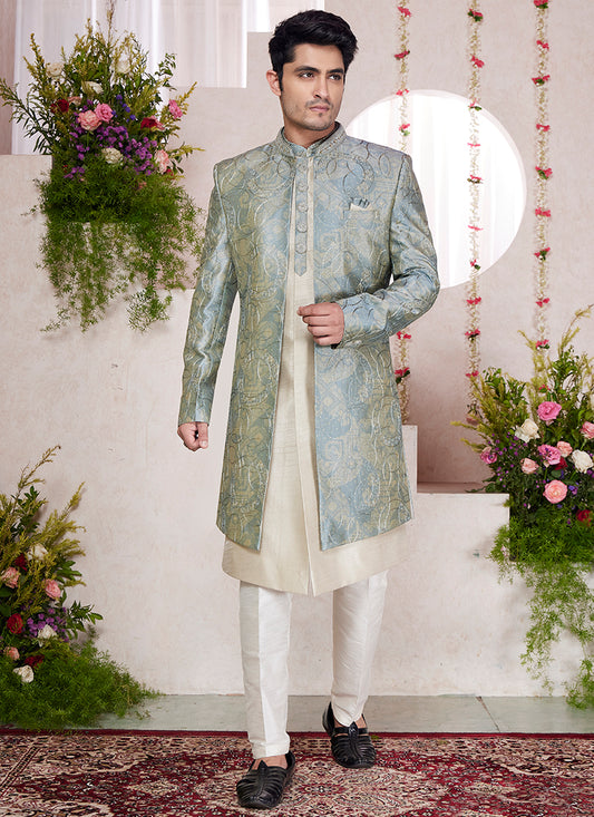 Readymade Digital Print Silk Green Sherwani with Jacket and Embroidery Work for Party Wear