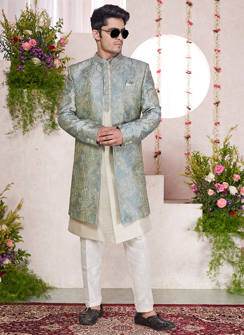 Readymade Digital Print Silk Green Sherwani with Jacket and Embroidery Work for Party Wear