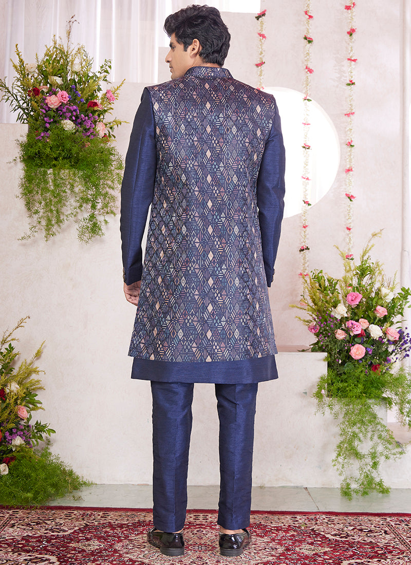 Readymade Art Silk Blue Sherwani with Jacket and Pattern PC Work for Party Wear