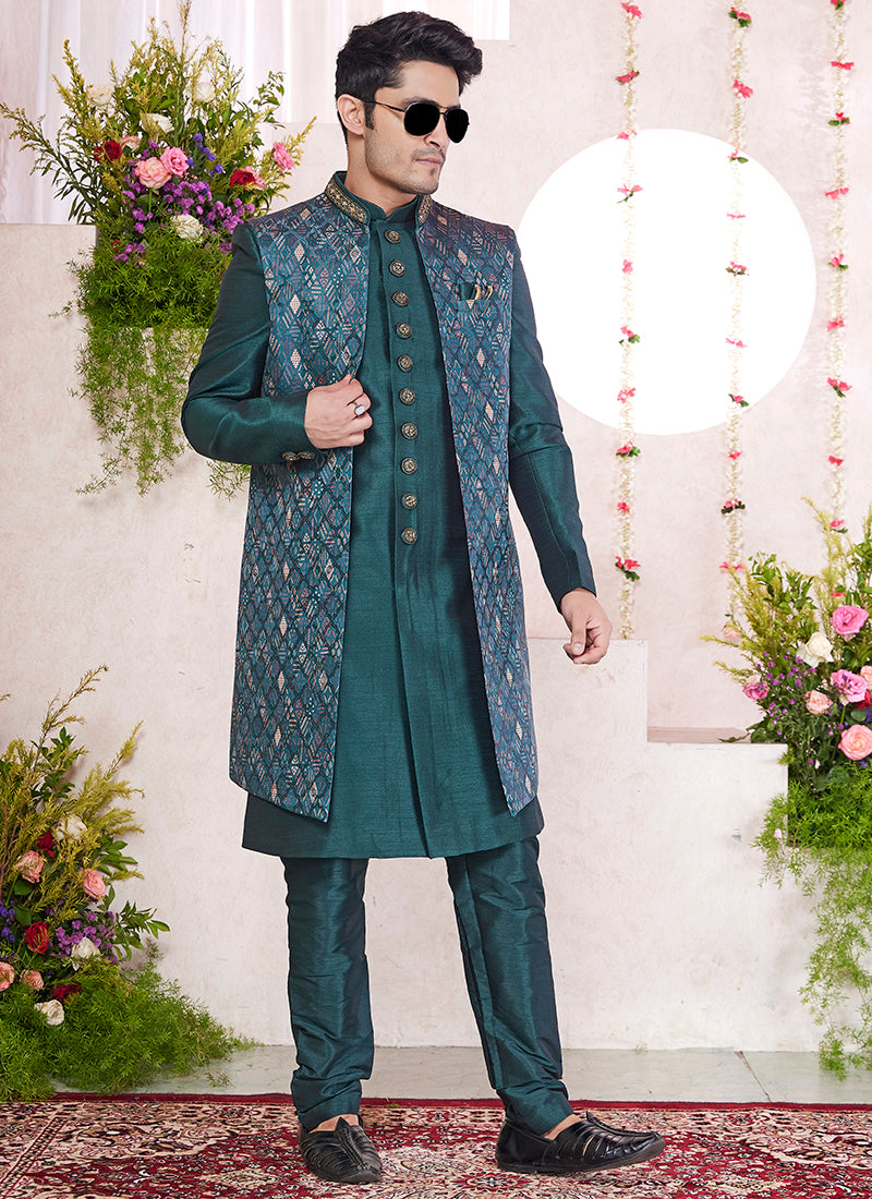 Readymade Art Silk Green Sherwani with Jacket and Embroidery Work for Party Wear