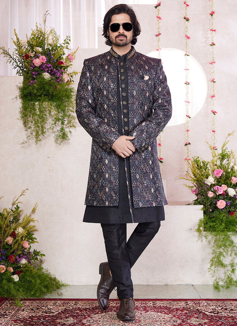 Readymade Art Silk Black Sherwani with Jacket and Embroidery Work for Party Wear