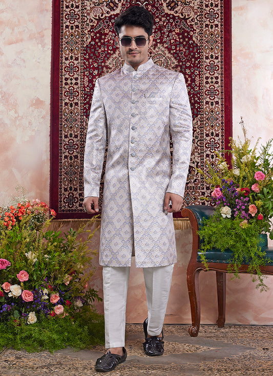 Readymade Banarasi Jacquard Grey Sherwani with Pattern PC Work for Wedding Wear