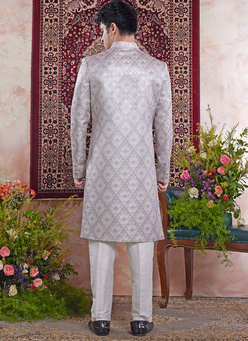 Readymade Banarasi Jacquard Grey Sherwani with Pattern PC Work for Wedding Wear