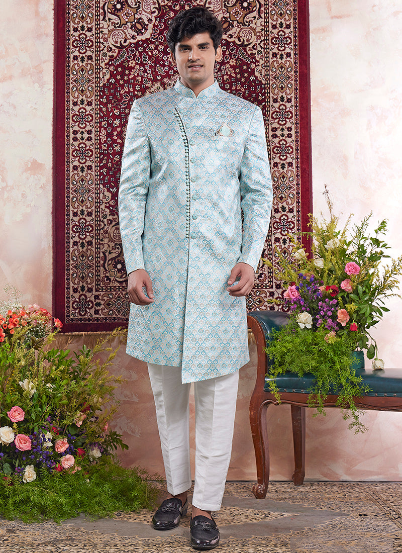 Readymade Banarasi Jacquard Pastel Blue Sherwani with Pattern PC Work for Wedding Wear