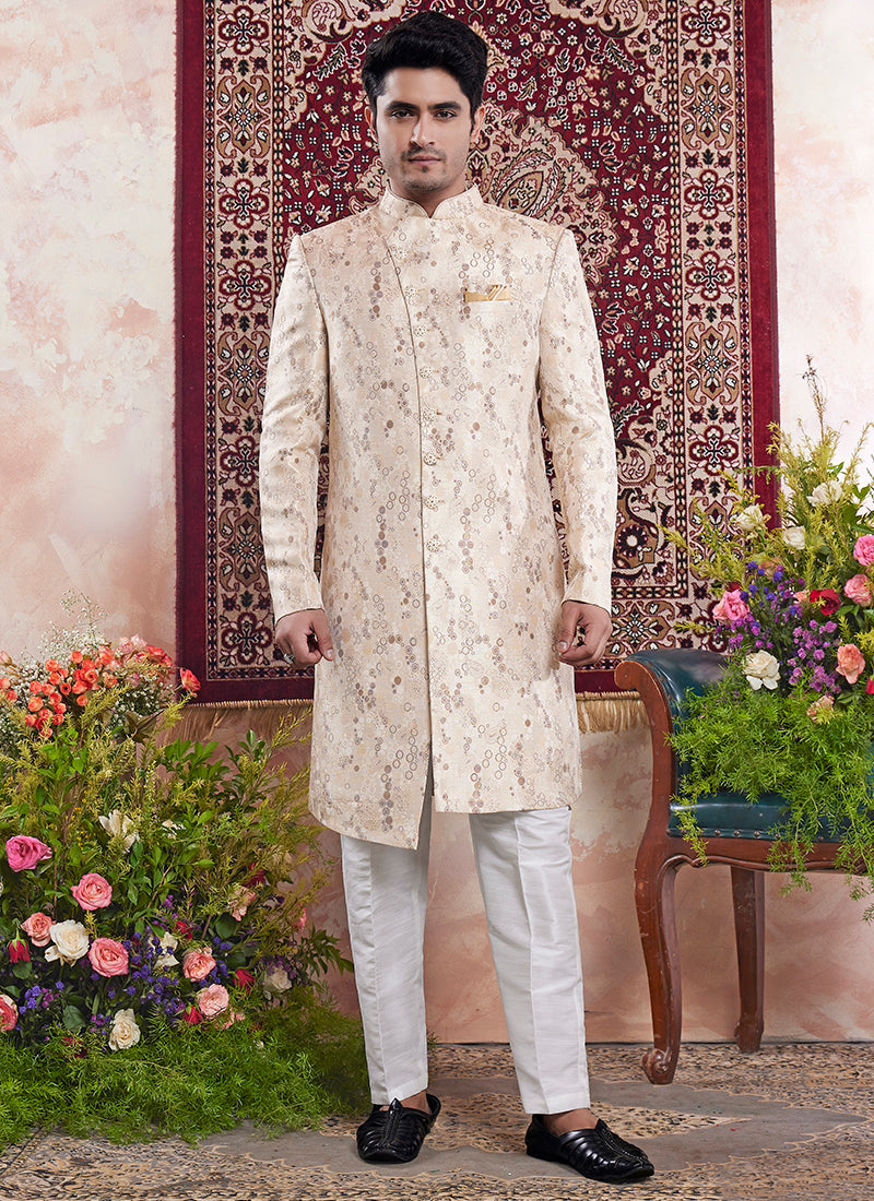 Readymade Banarasi Jacquard Beige Sherwani with Pattern PC Work for Wedding Wear