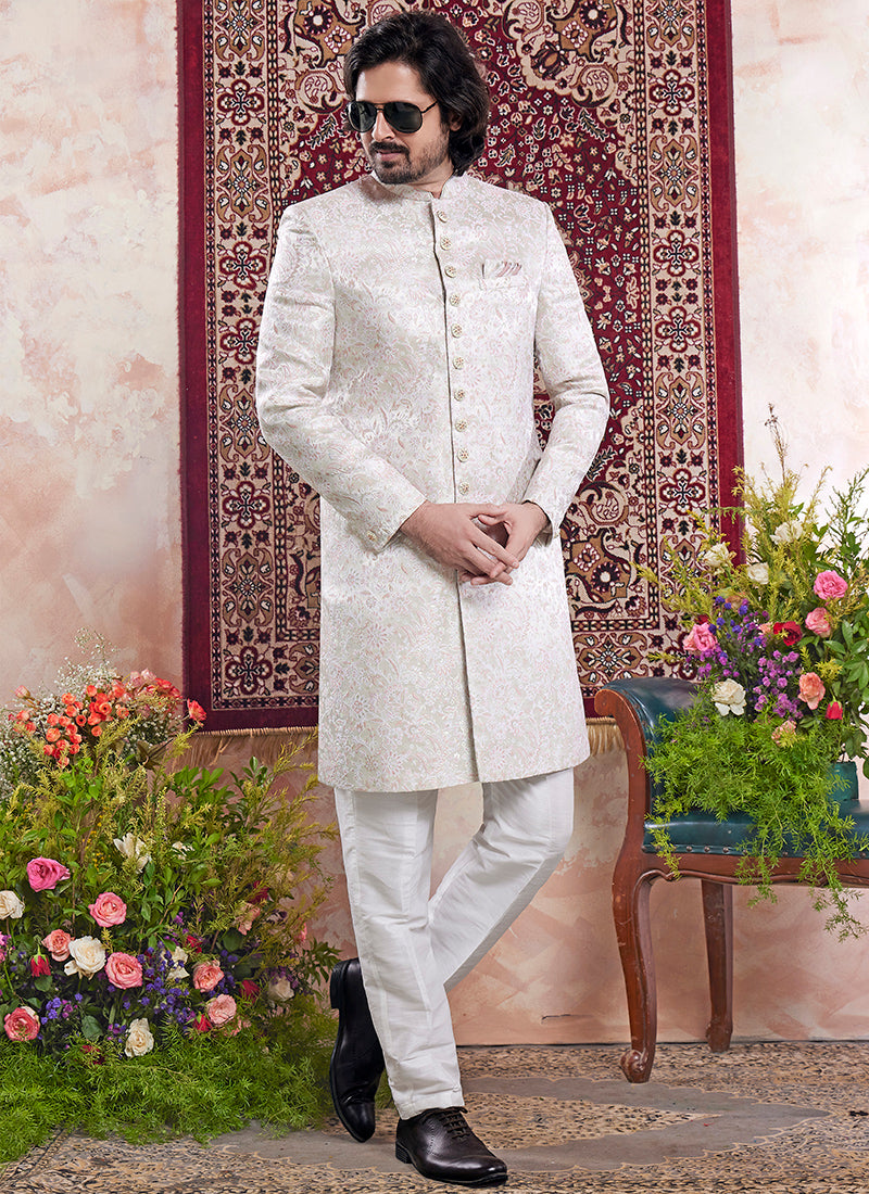 Readymade Banarasi Jacquard Off White Sherwani with Pattern PC Work for Wedding Wear