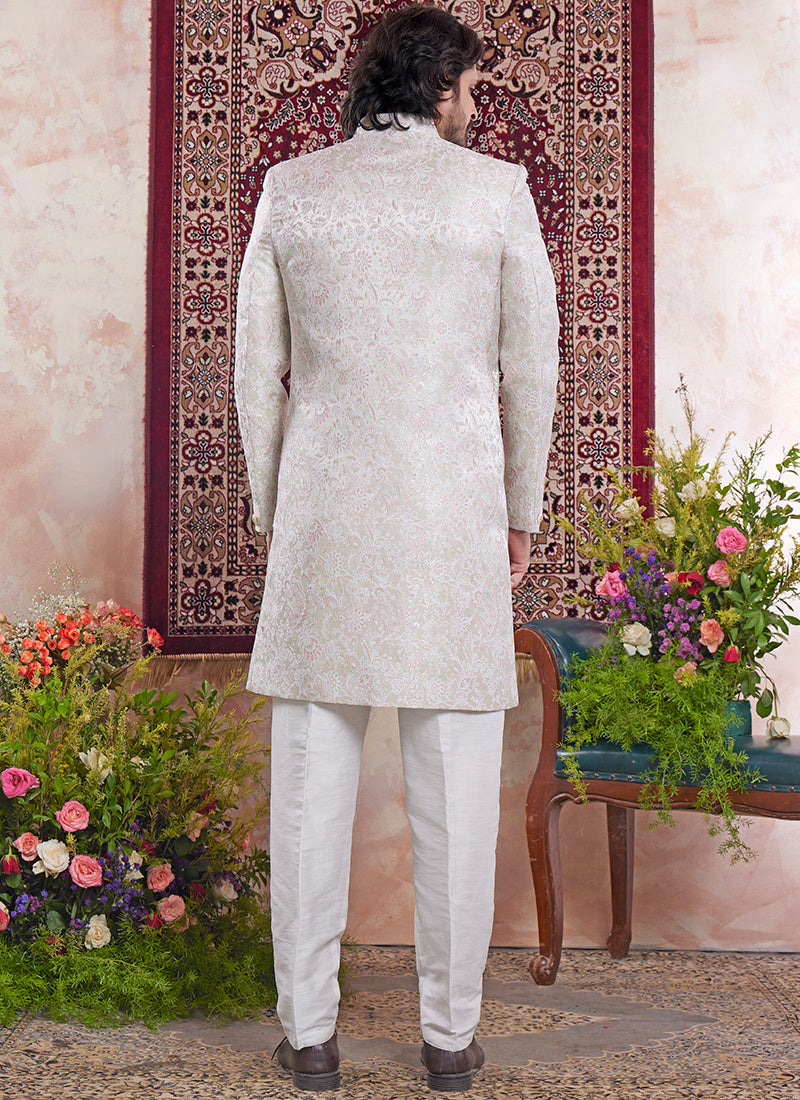 Readymade Banarasi Jacquard Off White Sherwani with Pattern PC Work for Wedding Wear