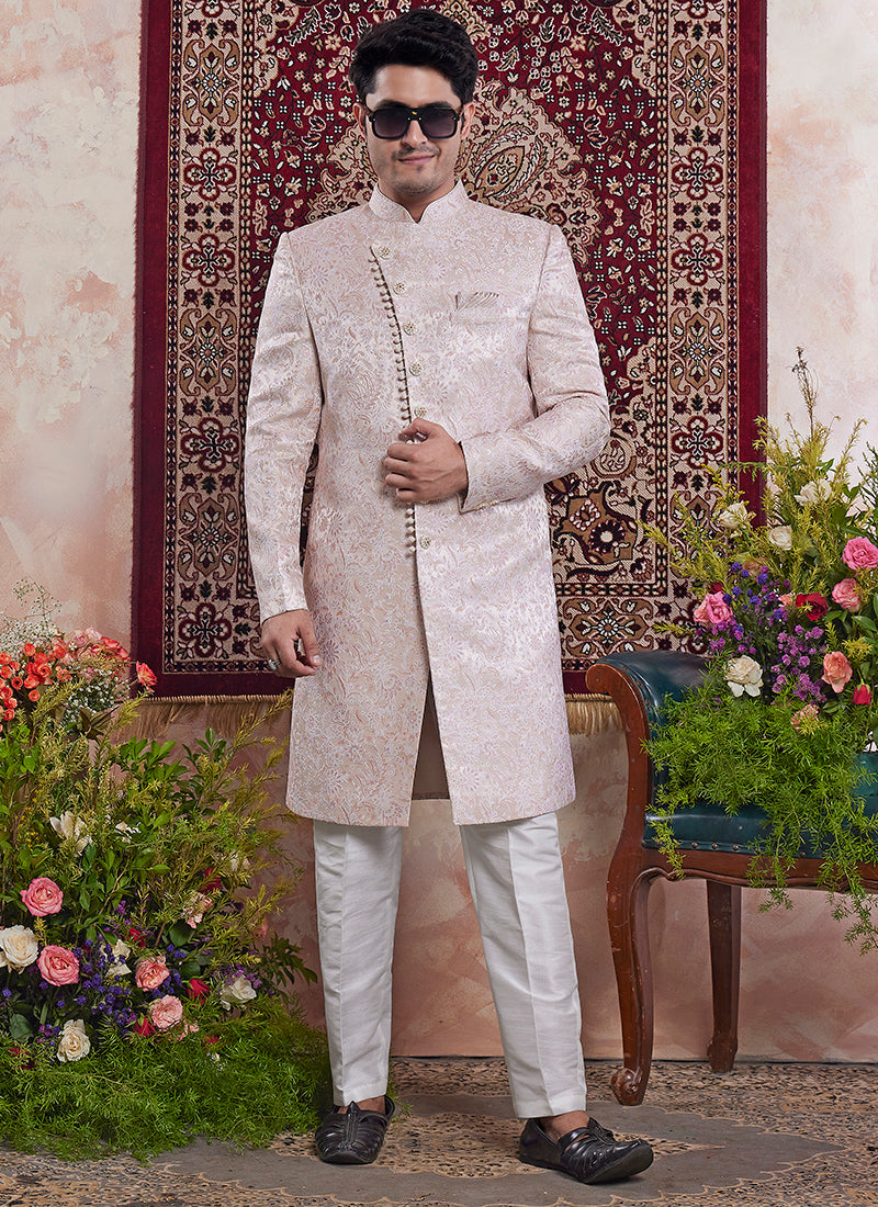 Readymade Banarasi Jacquard Light Pink Sherwani with Pattern PC Work for Wedding Wear