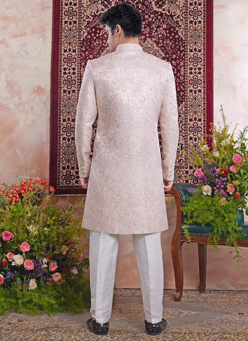 Readymade Banarasi Jacquard Light Pink Sherwani with Pattern PC Work for Wedding Wear