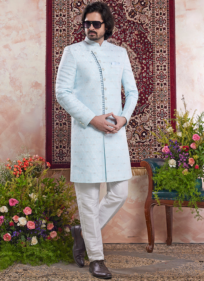 Readymade Banarasi Jacquard Sky Blue Sherwani with Pattern PC Work for Wedding Wear