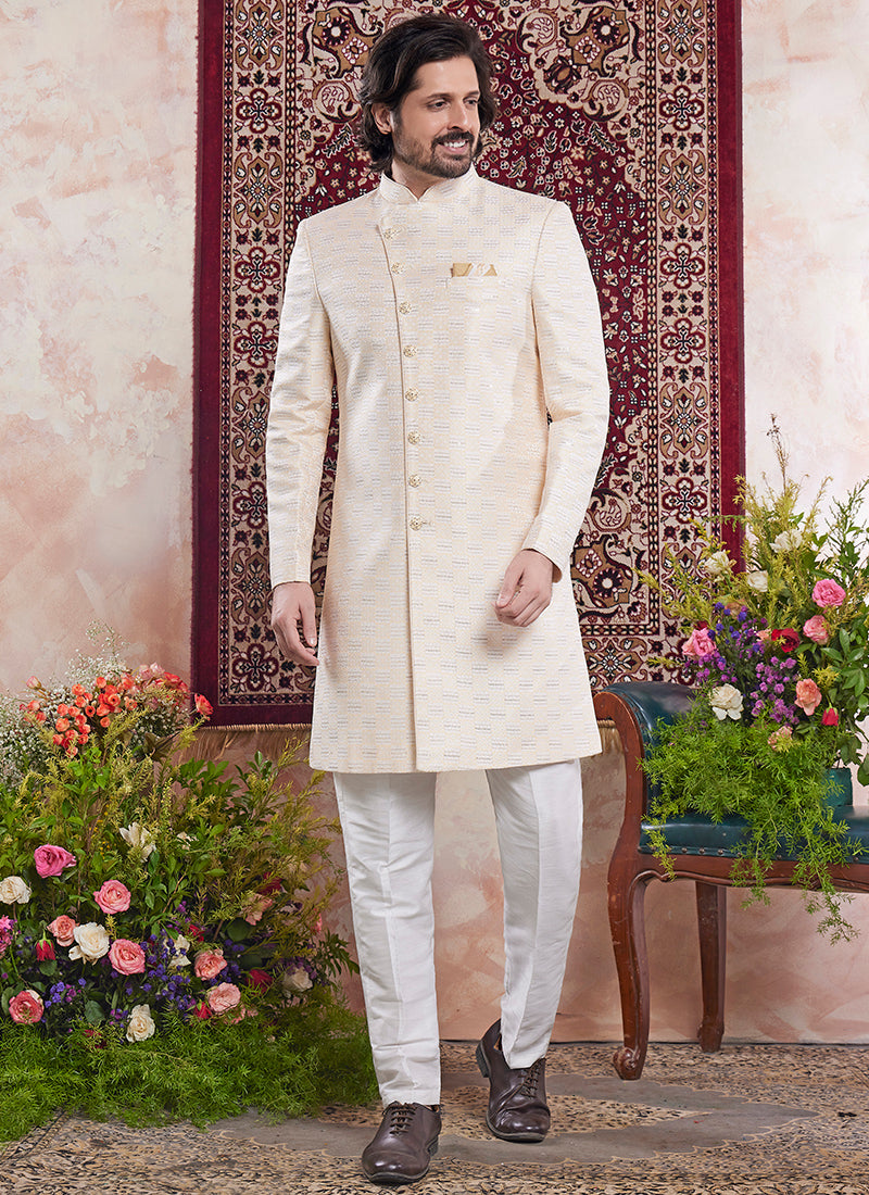Readymade Banarasi Jacquard Cream Sherwani with Pattern PC Work for Wedding Wear