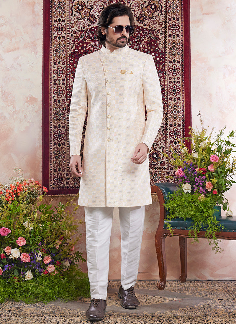 Readymade Banarasi Jacquard Cream Sherwani with Pattern PC Work for Wedding Wear