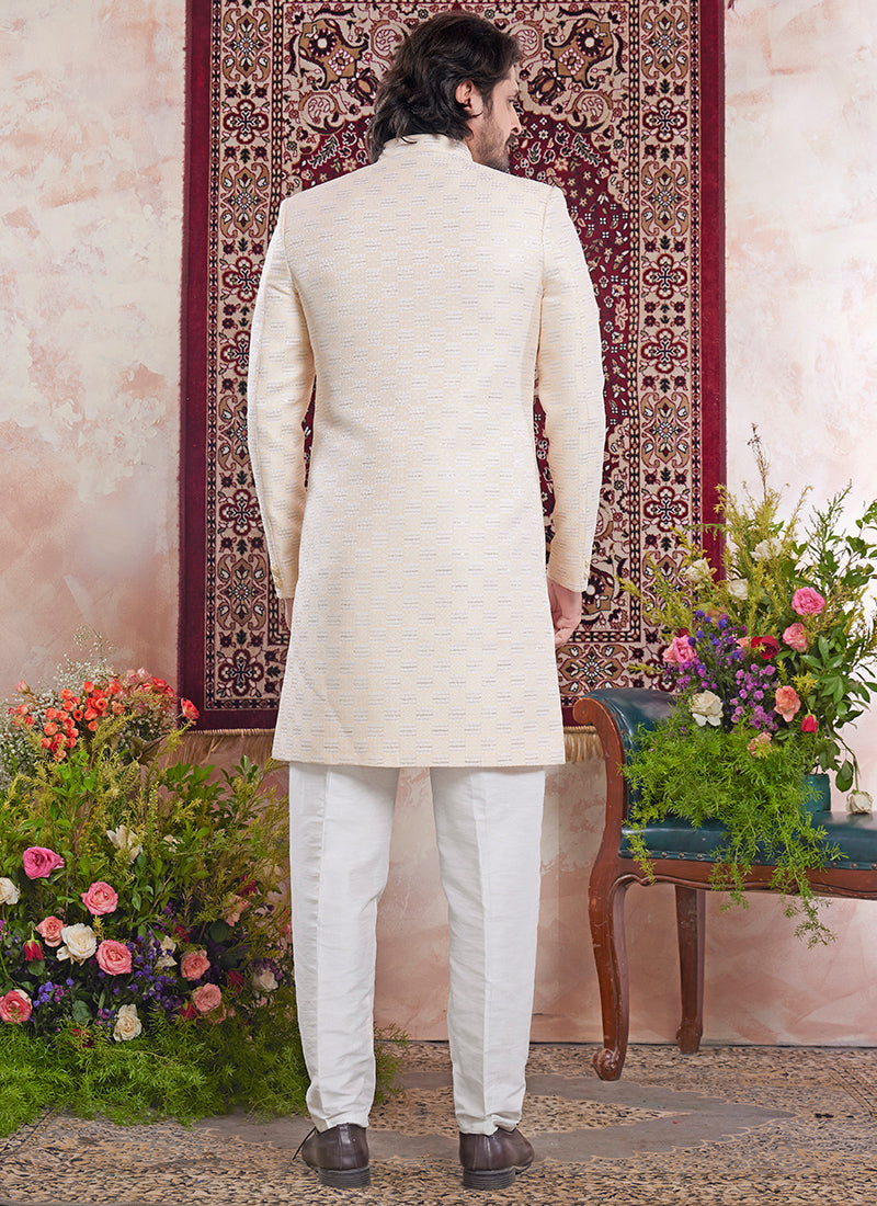 Readymade Banarasi Jacquard Cream Sherwani with Pattern PC Work for Wedding Wear