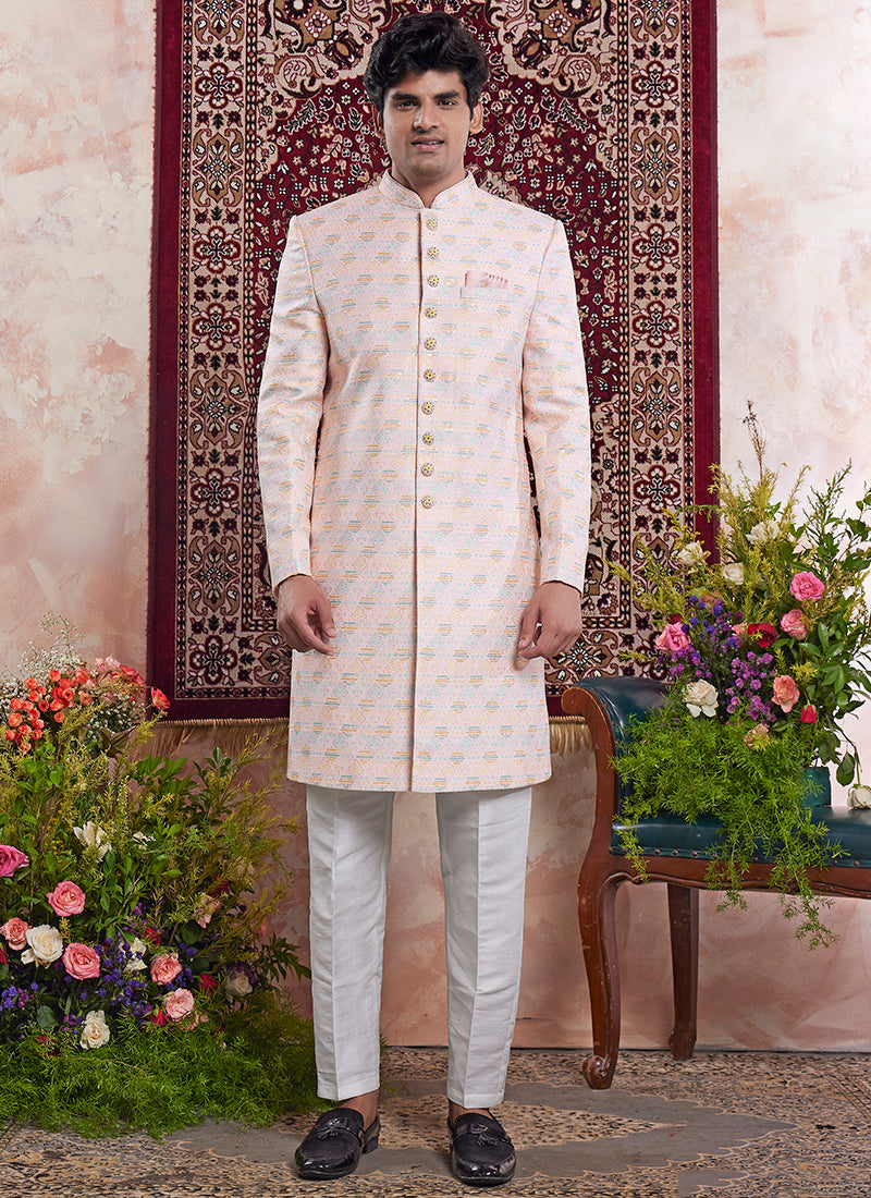 Readymade Banarasi Jacquard Peach Sherwani with Pattern PC Work for Wedding Wear