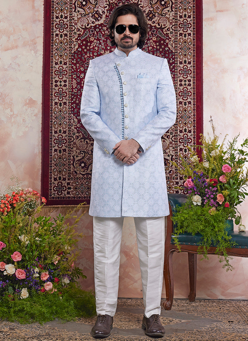 Readymade Banarasi Jacquard Light Blue Sherwani with Pattern PC Work for Wedding Wear