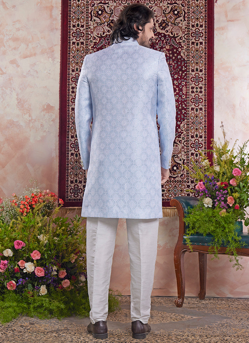 Readymade Banarasi Jacquard Light Blue Sherwani with Pattern PC Work for Wedding Wear