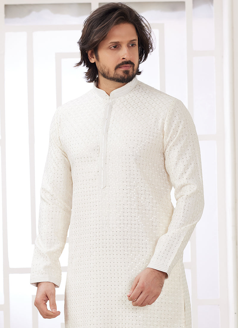 Cream Art Silk Readymade Kurta Pajama for Festive Occasions