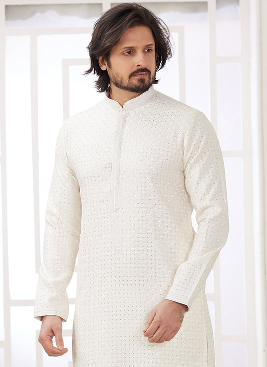 Cream Art Silk Readymade Kurta Pajama for Festive Occasions