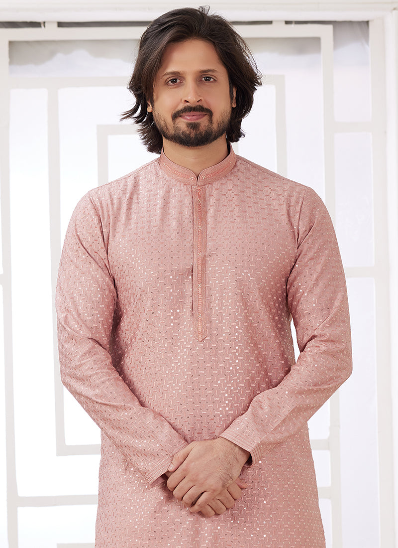 Art Silk Soft Peach Festival Wear Thread Work Readymade Kurta Pajama