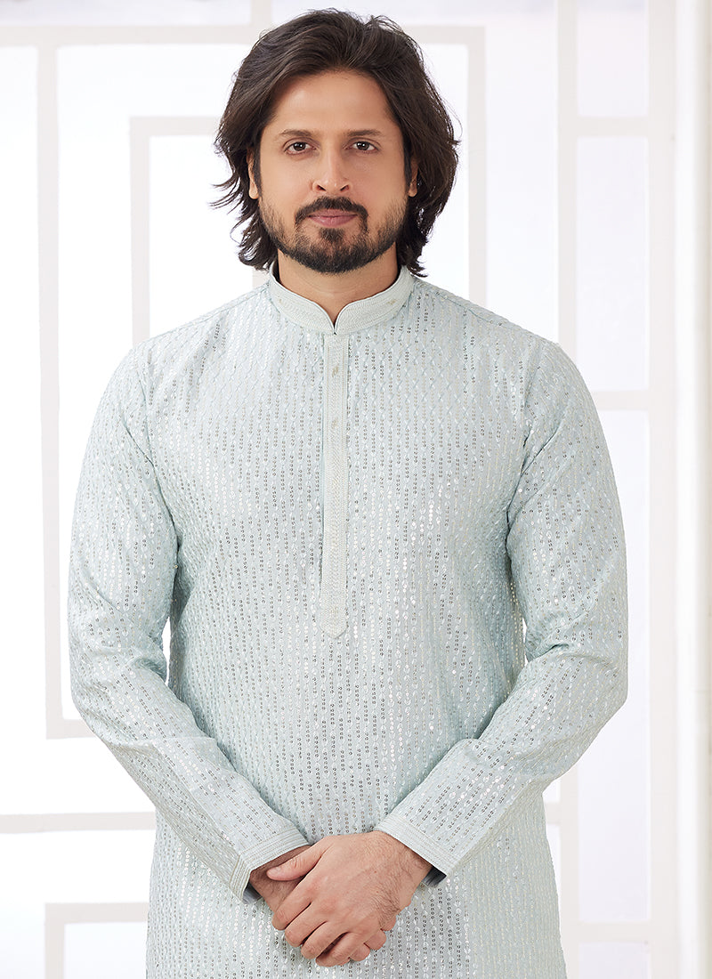 Art Silk Mint Green Ethnic Wear Thread Work Readymade Kurta Pajama