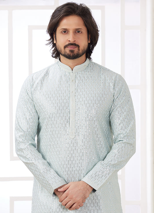Art Silk Mint Green Ethnic Wear Thread Work Readymade Kurta Pajama