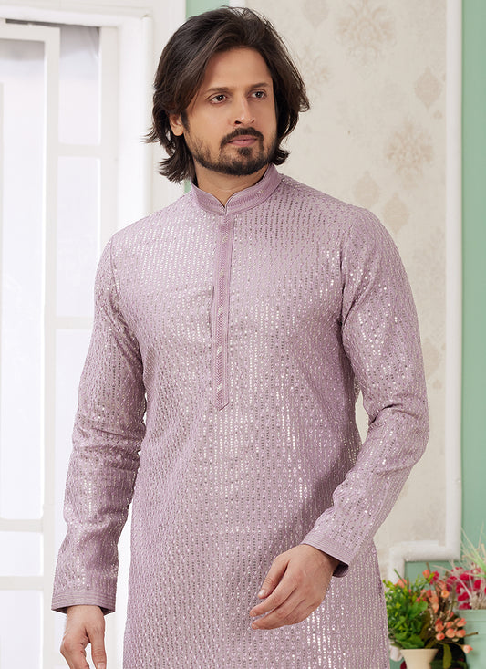 Art Silk Pastel Lilac Party Wear Thread Work Readymade Kurta Pajama