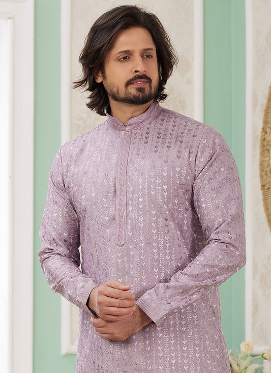 Art Silk Lilac Ethnic Wear Thread Detailing Readymade Kurta Pajama