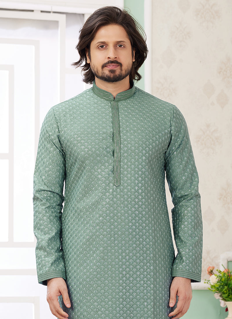 Art Silk Emerald Green Party Wear Thread Work Readymade Kurta Pajama