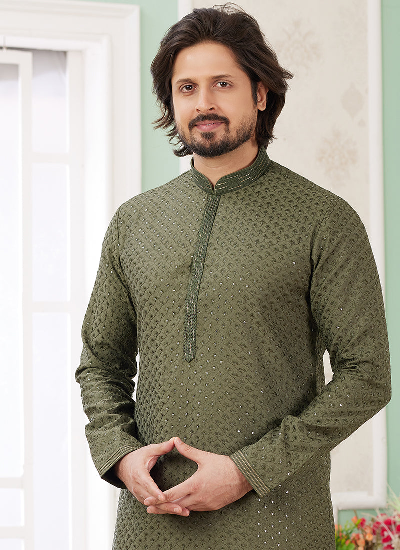 Art Silk Olive Green Festive Wear Thread Embroidery Readymade Kurta Pajama