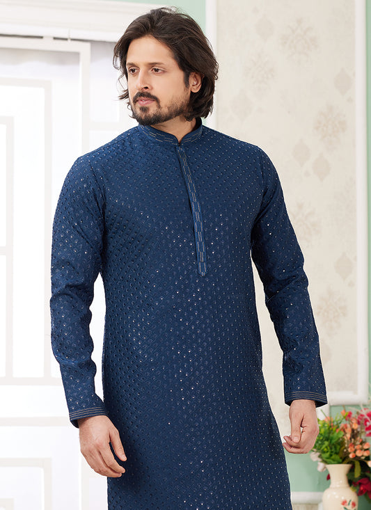 Art Silk Ocean Teal Festive Wear Thread Embroidery Readymade Kurta Pajama