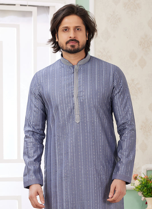 Art Silk Blue Festive Wear Thread Embroidery Readymade Kurta Pajama