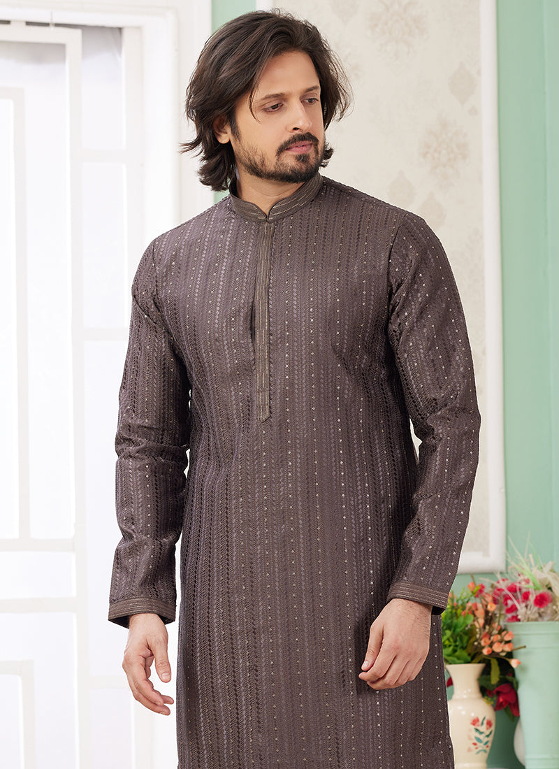Art Silk Coffee Brown Festive Wear Thread Embroidery Readymade Kurta Pajama