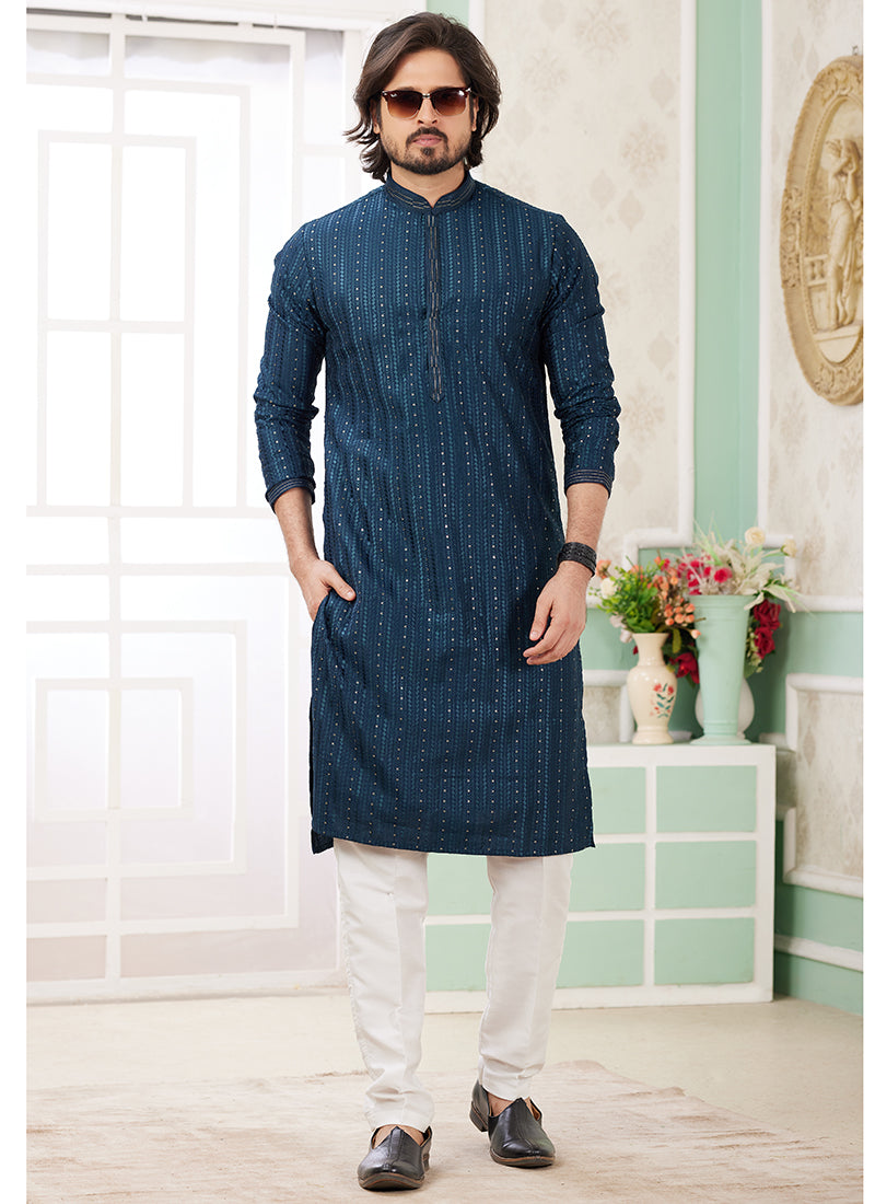 Art Silk Aqua Green Festive Wear Thread Embroidery Readymade Kurta Pajama