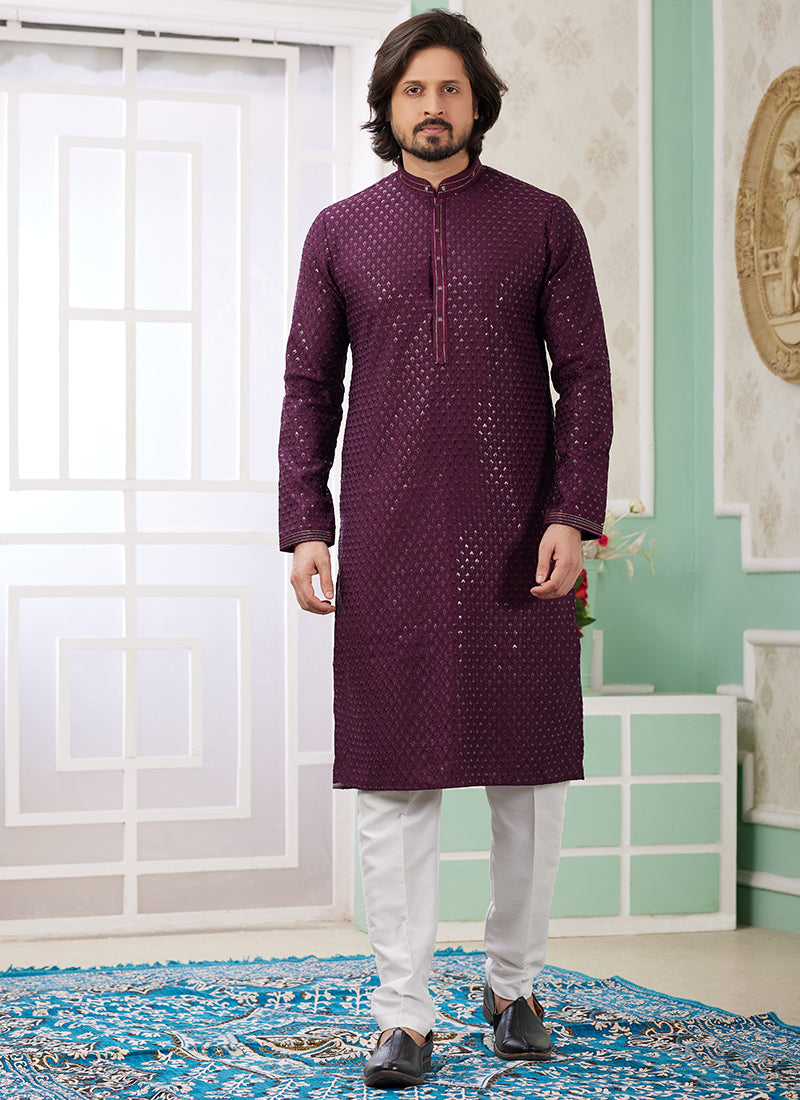 Art Silk Wine Traditional Wear Thread Work Readymade Kurta Pajama