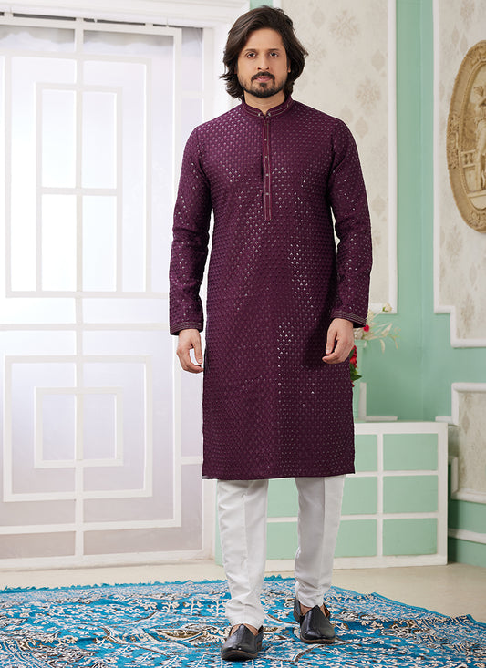 Art Silk Wine Traditional Wear Thread Work Readymade Kurta Pajama