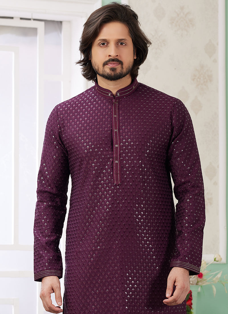Art Silk Wine Traditional Wear Thread Work Readymade Kurta Pajama