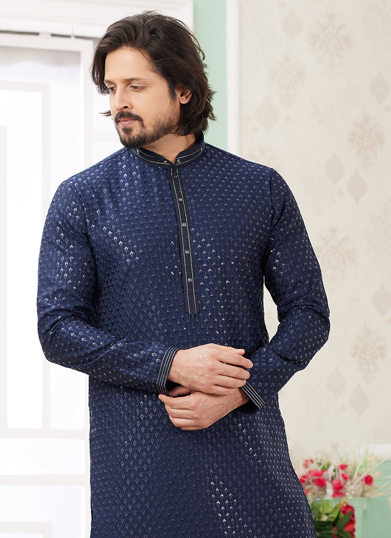 Art Silk Sky Blue Ethnic Wear Thread Detailing Readymade Kurta Pajama