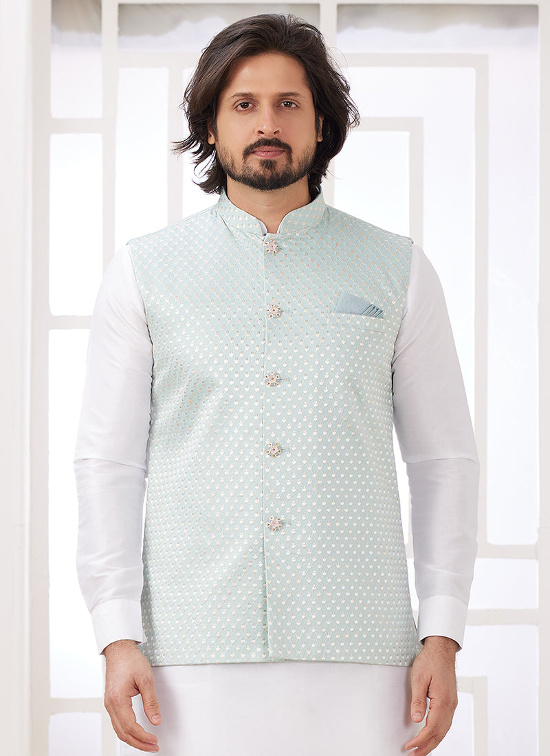 Art Silk Off White Wedding Wear Plain Readymade Kurta Pajama With Jacket