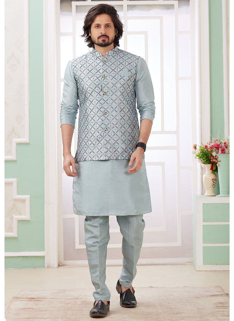 Art Silk Powder Blue Wedding Wear Plain Readymade Kurta Pajama With Jacket