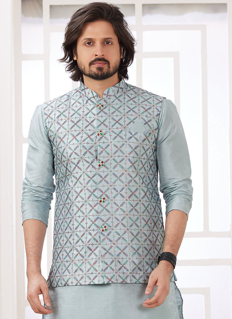 Art Silk Powder Blue Wedding Wear Plain Readymade Kurta Pajama With Jacket