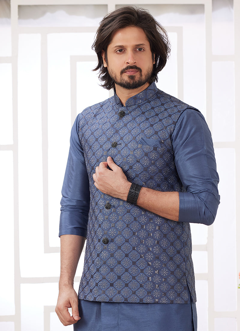 Art Silk Blue Wedding Wear Plain Readymade Kurta Pajama With Jacket