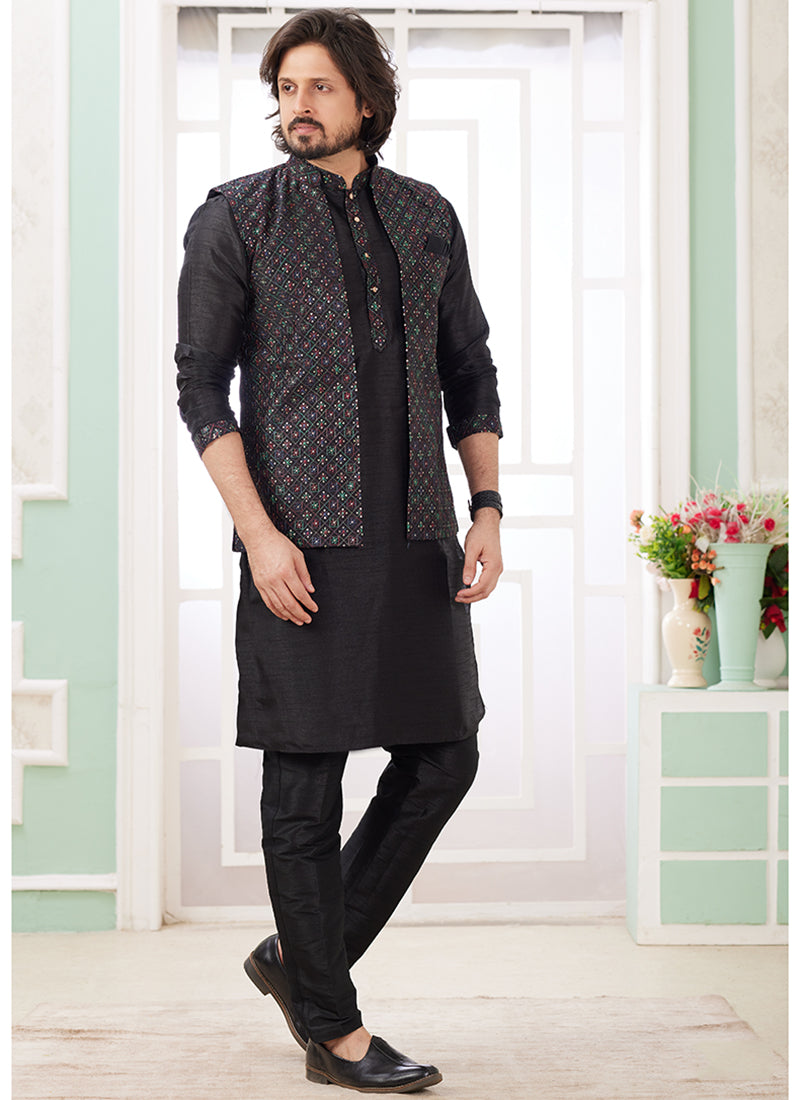 Art Silk Black Wedding Wear Plain Readymade Kurta Pajama With Jacket
