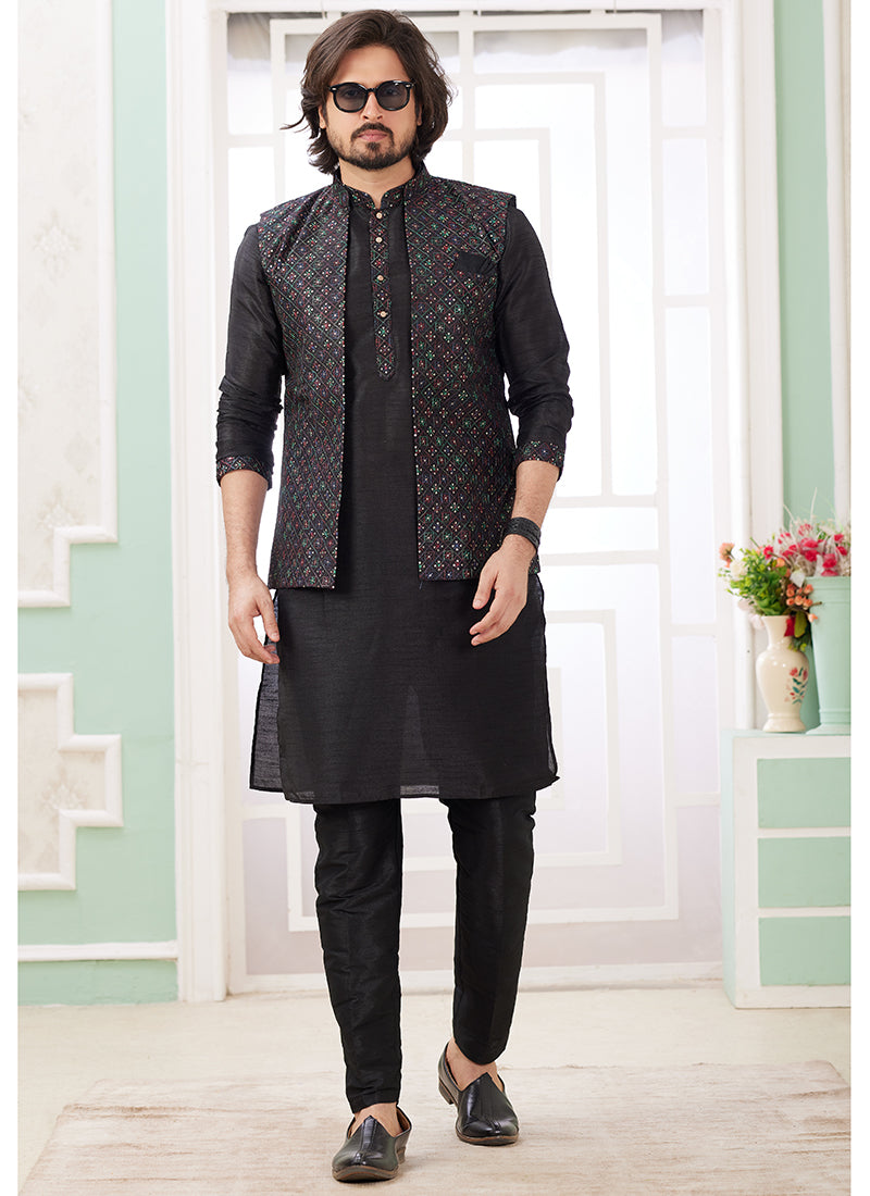 Art Silk Black Wedding Wear Plain Readymade Kurta Pajama With Jacket